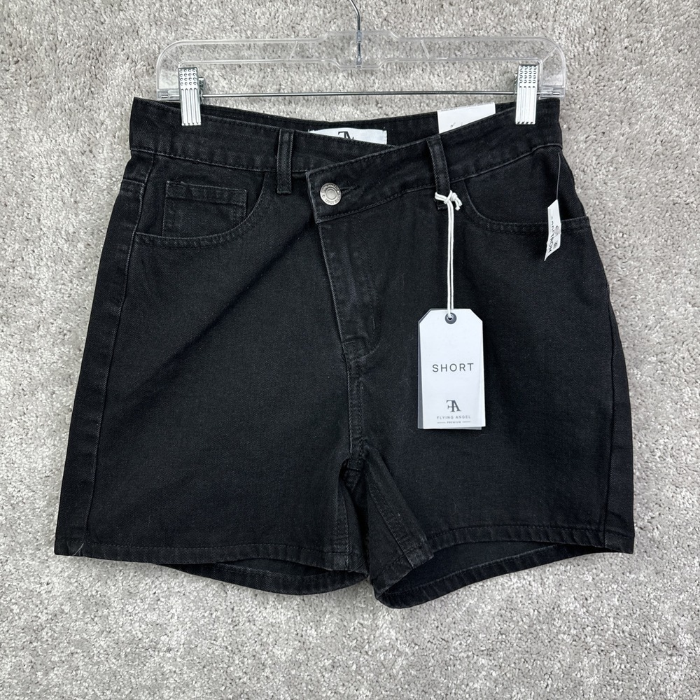 Flying Angel Black Assymetrical‎ Zipper Denim Black Shorts Size 5/27 NWT